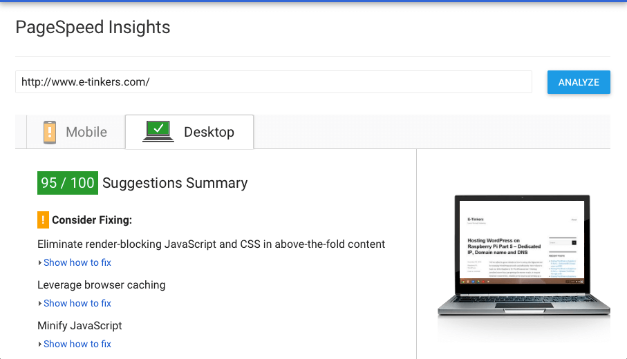 PageSpeed Desktop test shows 95/100 score
