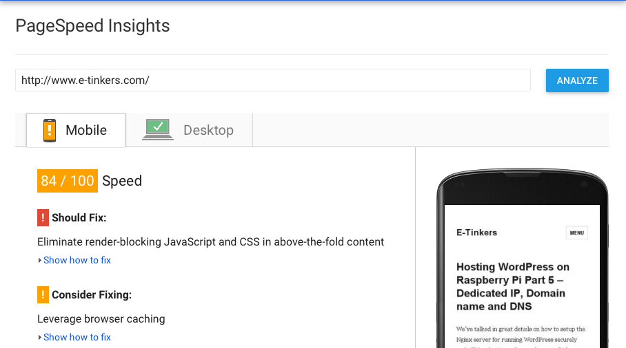 PageSpeed Mobile test result