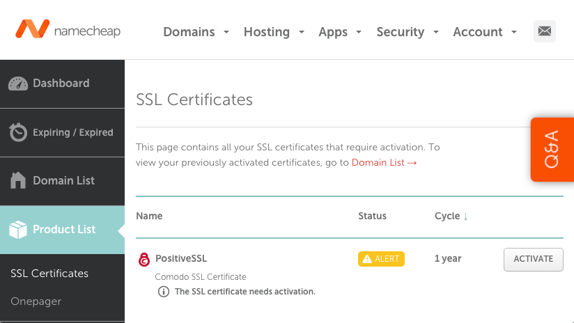 Activate SSL certificate on Namecheap Dashboard