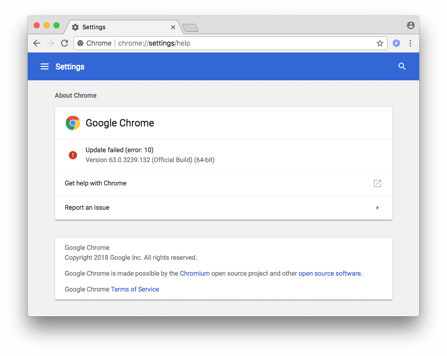 Google Chrome shows "Update Failed" without Google Software Update running