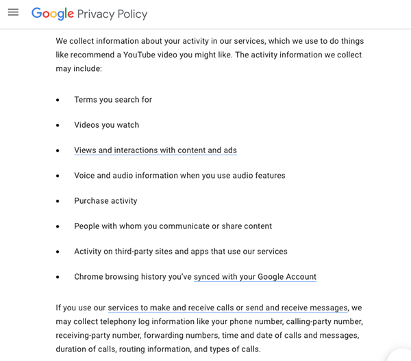 google privacy policy page