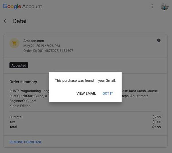 google read gmail to get purchase info