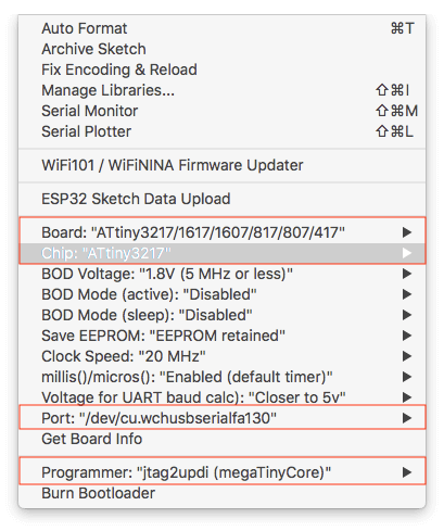 megaTinyCore Board Settings for ATtiny3217 on Arduino IDE