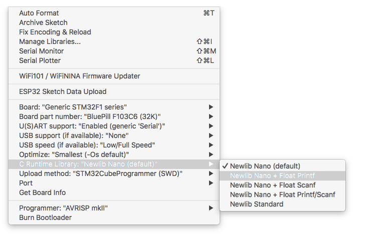 stm32duino offers compiler option for supporting printf floating point