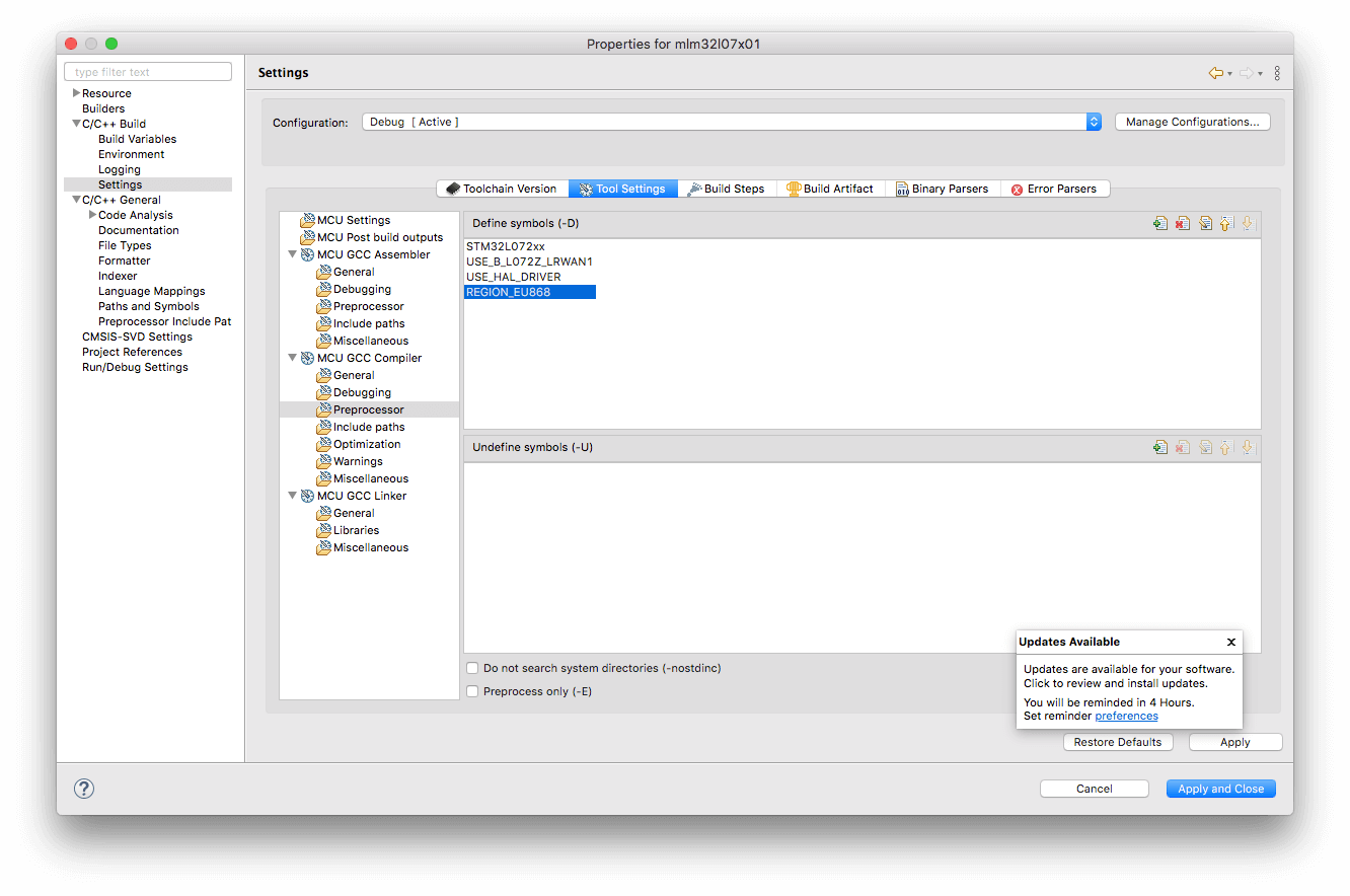 Configure Lora region from STM32CubeIDE preprocessor settings