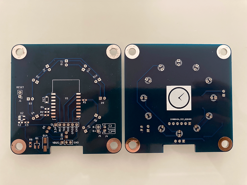 PCB back and front for ESP8266 NTP Clock